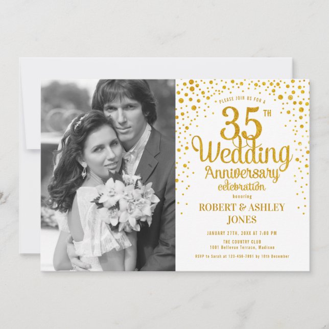 35th Anniversary with Photo - White Gold Invitation (Front)