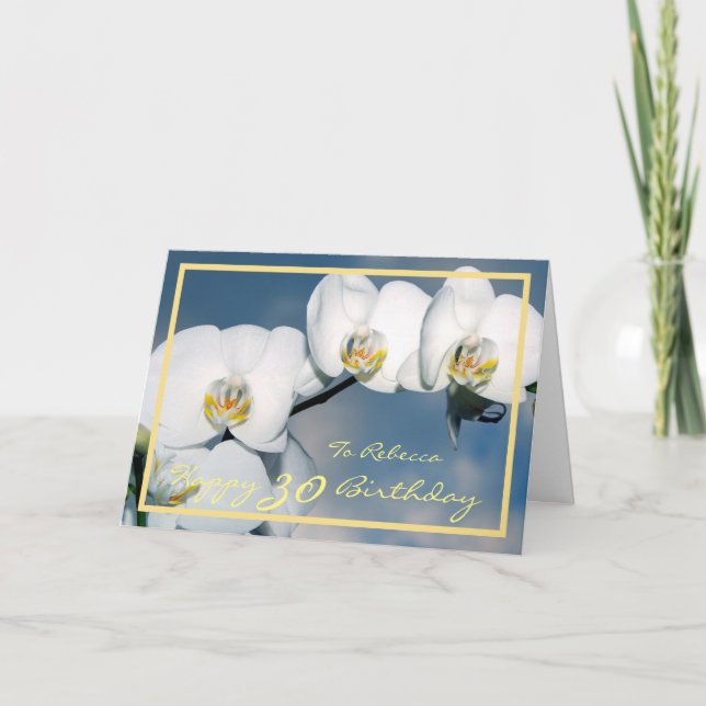 35th Bday Rebecca White Orchids Elegant Gold Frame Card (Front)