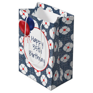 35th Birthday Balloons on Floral Denim  Medium Gift Bag