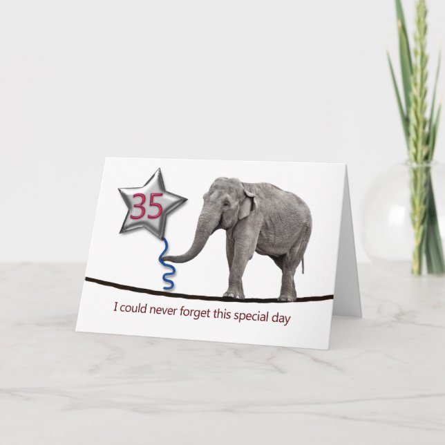 35th Birthday card with tightrope walking elephant (Front)
