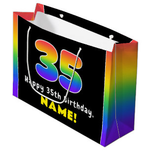 35th Birthday: Colorful Rainbow # 35, Custom Name Large Gift Bag
