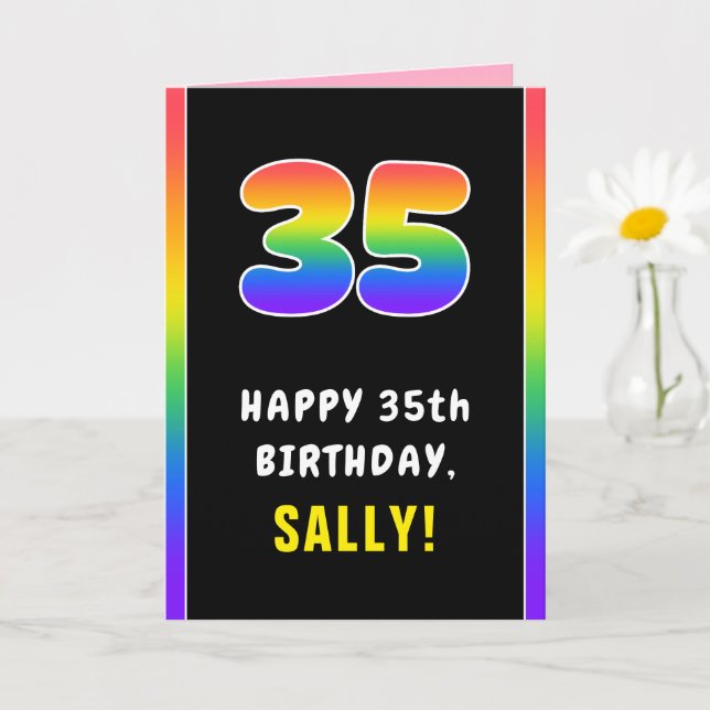 35th Birthday: Colourful Rainbow # 35, Custom Name Card (Small Plant)
