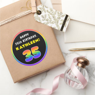 35th Birthday: Colourful Rainbow # 35, Custom Name Classic Round Sticker
