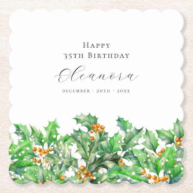 35th Birthday December Birth Flower Holly Custom Paper Coaster (Front)