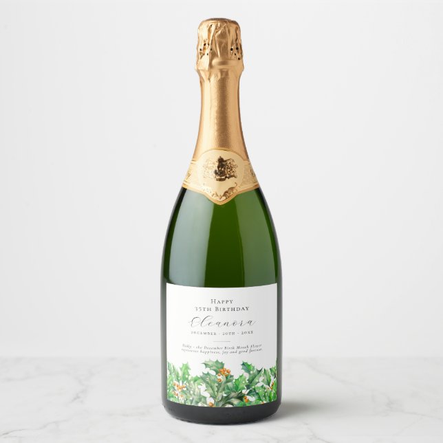 35th Birthday December Birth Flower Holly Sparkling Wine Label (Front)