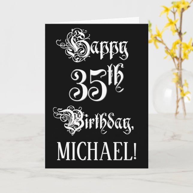 35th Birthday: Fancy, Elegant Script + Custom Name Card (Yellow Flower)