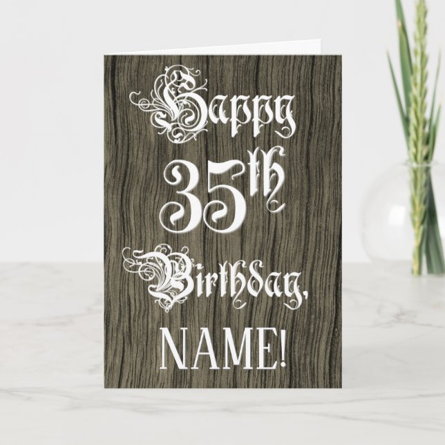 35th Birthday: Fancy, Elegant Text; Faux Wood Look Card (Front)