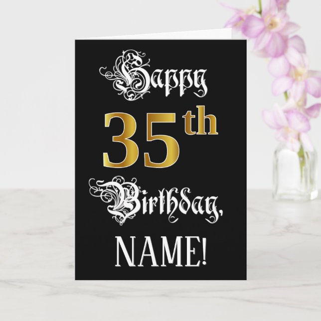 35th Birthday — Fancy Script; Faux Gold Look; Name Card (Orchid)