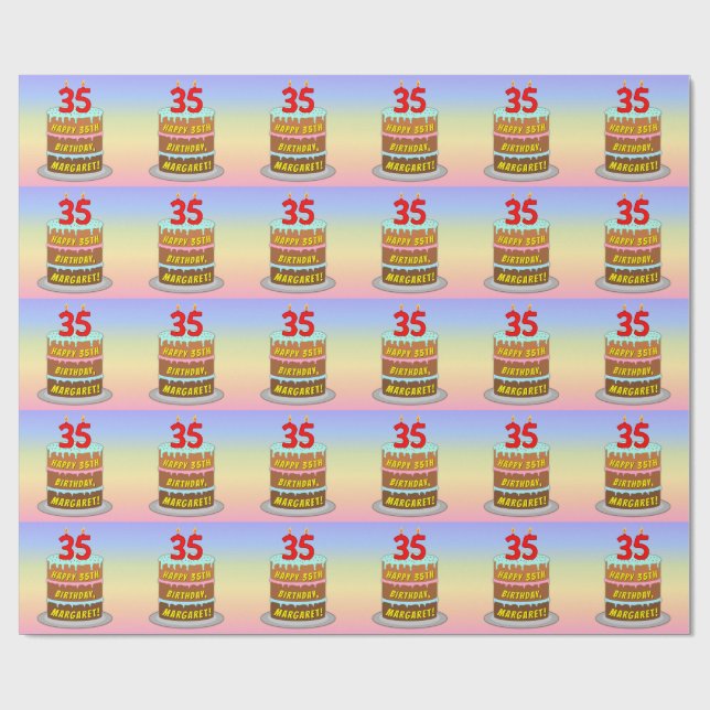 35th Birthday: Fun Cake and Candles + Custom Name Wrapping Paper (Flat)