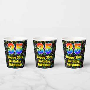 35th Birthday: Fun Music Notes Pattern, Rainbow 35 Paper Cups