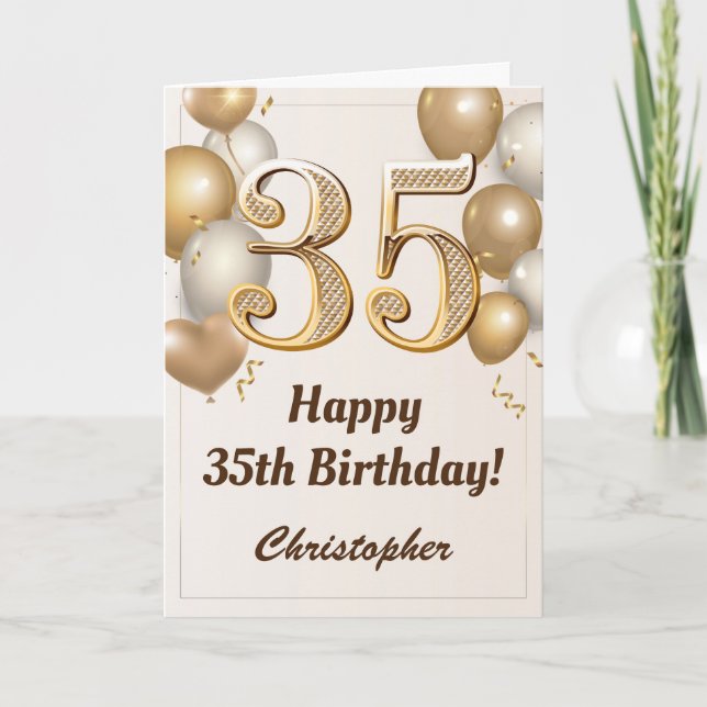 35th Birthday Gold Balloons and Confetti Birthday Card (Front)