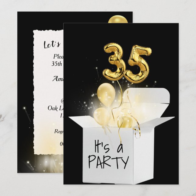 35th Birthday Gold Balloons In White Box Invitation (Front/Back)