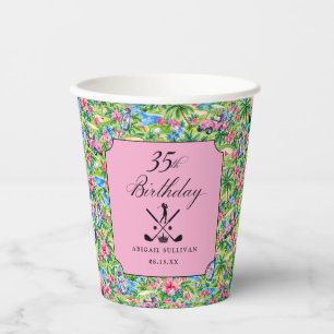 35th Birthday Golf Pink Green Preppy Print Paper Cups