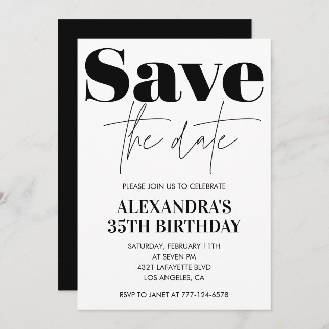 35th birthday invitation Black White Save the date (Front/Back)