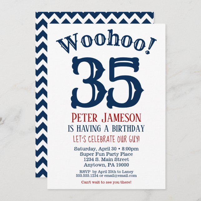 35th Birthday Invitation Mens Navy Blue (Front/Back)