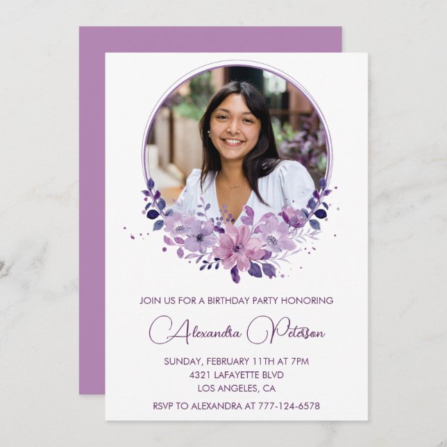 35th birthday invitation Photo Elegant Boho purple (Front/Back)