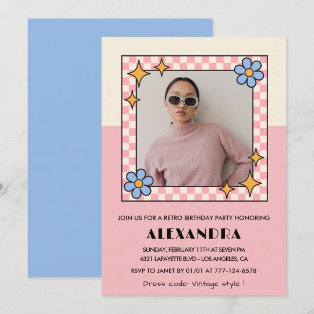 35th birthday invitation Retro Groovy Pink Flowers (Front/Back)
