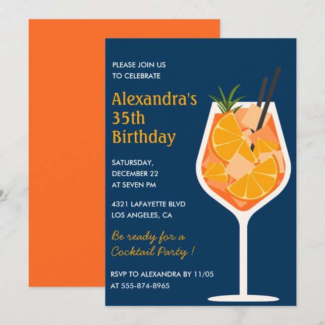 35th birthday invitations Cocktail Elegant Navy (Front/Back)
