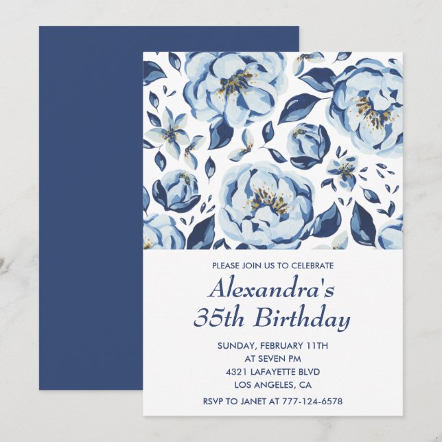 35th birthday invitations Elegant Floral (Front/Back)