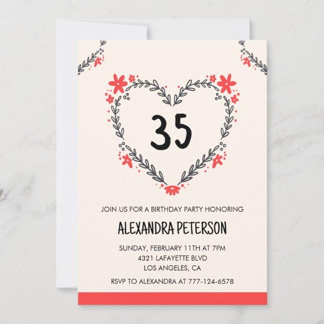 35th birthday invitations floral heart (Front)