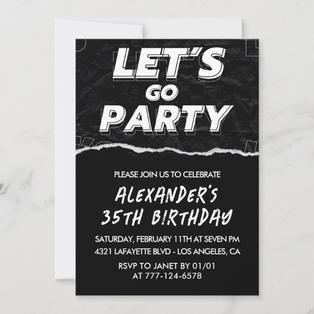 35th birthday invitations Men Black White (Front)