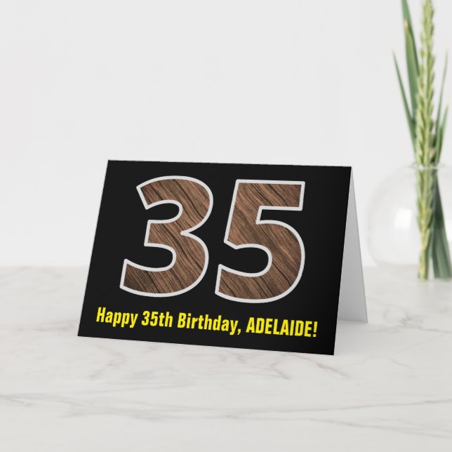 35th Birthday: Name + Faux Wood Grain Pattern "35" Card (Front)