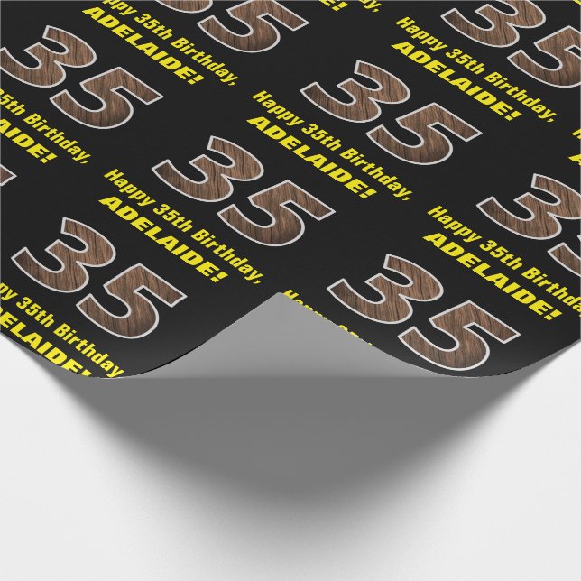 35th Birthday: Name & Faux Wood Grain Pattern "35" Wrapping Paper (Corner)