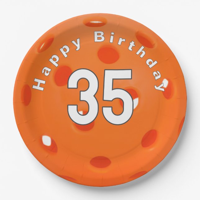 35th Birthday Orange Pickleball Paper Plate (Front)