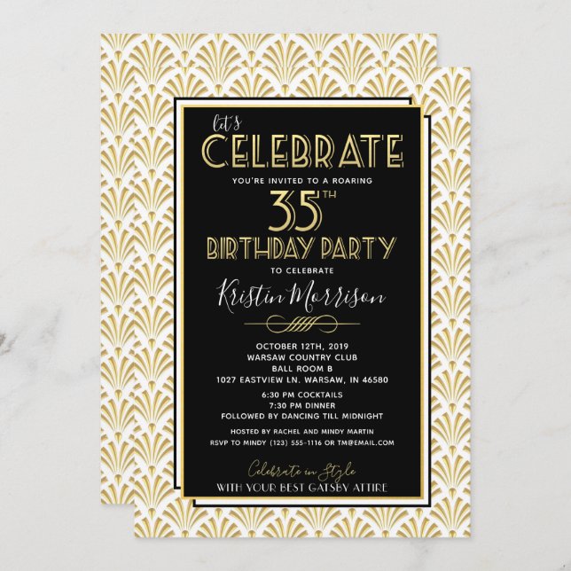 35th Birthday Party Art Deco Gatsby Roaring 1920s Invitation (Front/Back)