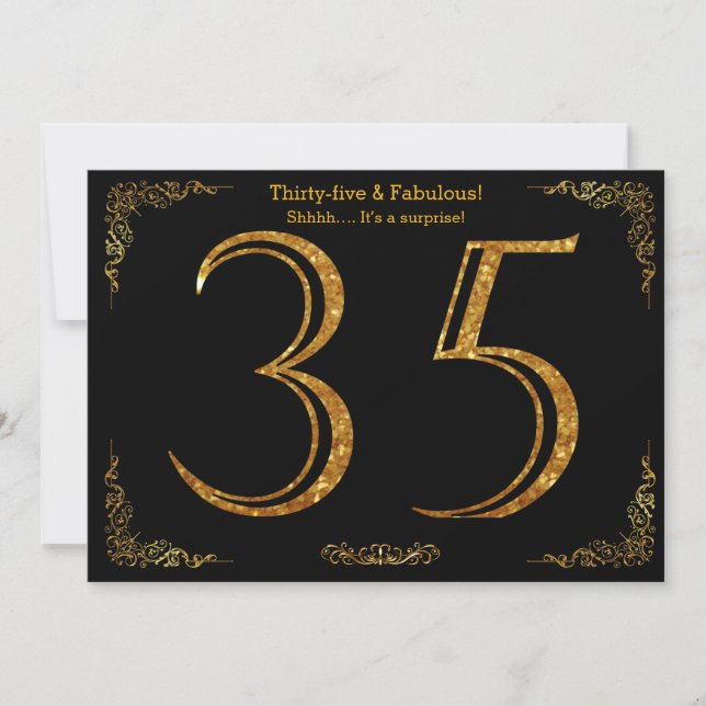 35th Birthday party,Gatsby styl,black gold glitter Invitation (Front)