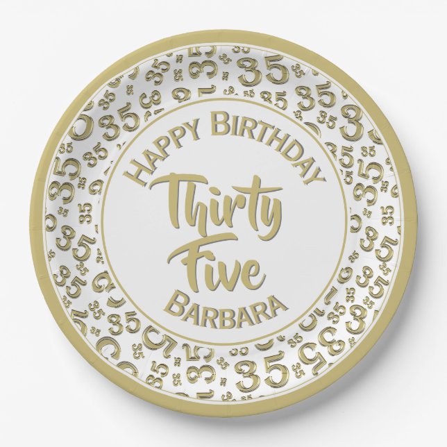 35th Birthday Party Number Pattern Gold/White Paper Plate (Front)