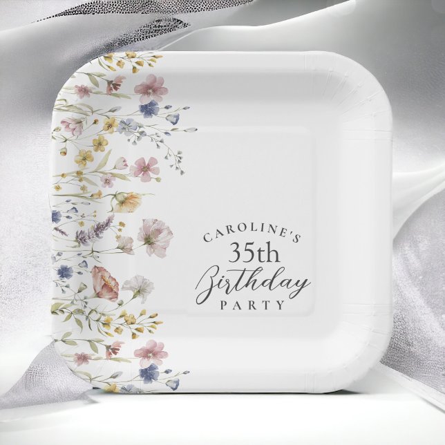 35th Birthday Party Wildflowers Watercolor Floral Paper Plate (Creator Uploaded)