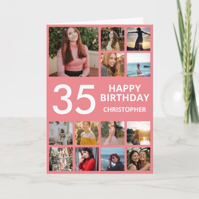 35th Birthday Photo Collage 13 Photos Pink & White Card (Front)