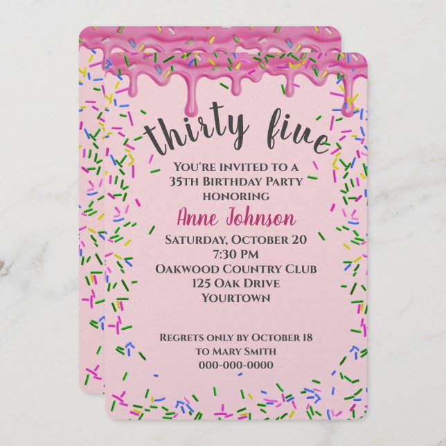 35th Birthday Pink Icing And Sprinkles Invitation (Front/Back)