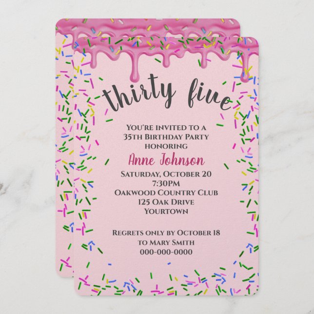 35th Birthday Pink Icing And Sprinkles Invitation (Front/Back)