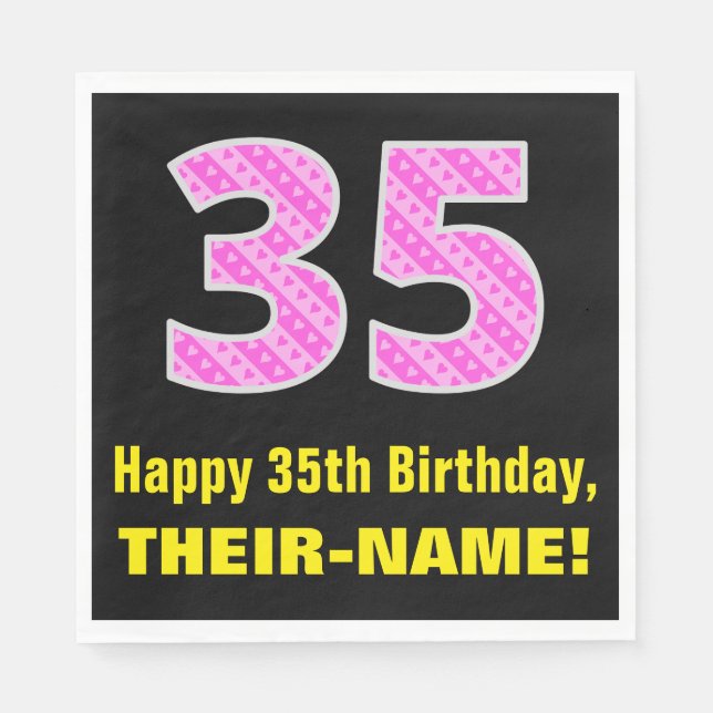 35th Birthday: Pink Stripes and Hearts "35" + Name Napkin (Front)