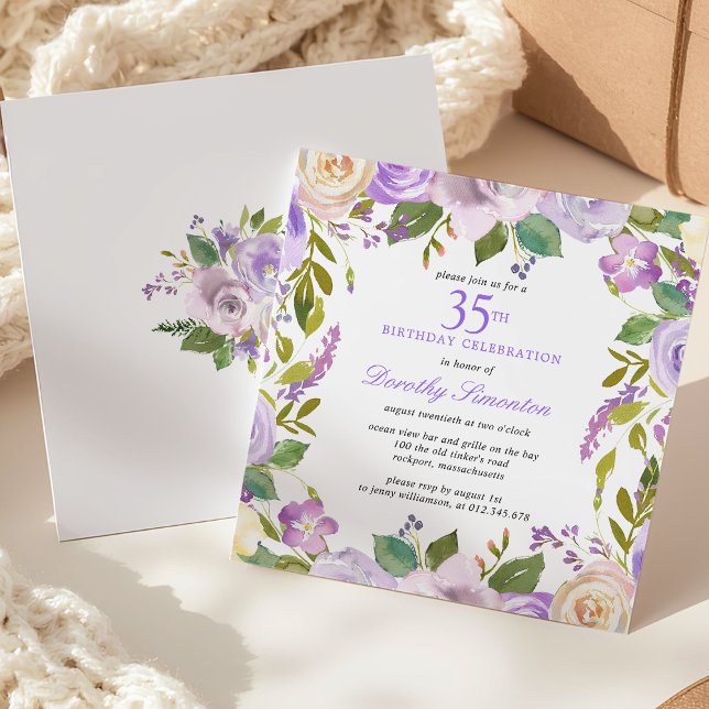 35th Birthday Pretty Purple Floral Invitation (Creator Uploaded)