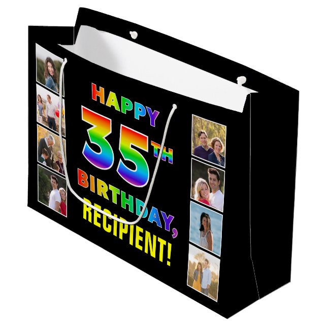 35th Birthday: Rainbow Text, Custom Photos & Name Large Gift Bag (Front Angled)
