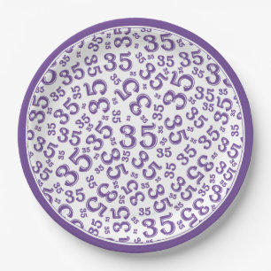 35th Birthday Random Number Pattern Purple/White Paper Plate