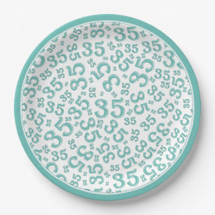35th Birthday Random Number Pattern Teal/White Paper Plate