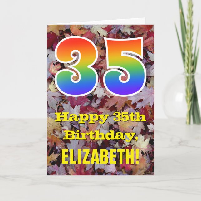 35th Birthday; Rustic Autumn Leaves; Rainbow "35" Card (Front)