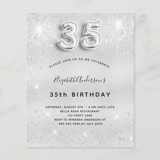 35th birthday silver glitter budget invitation (Front)