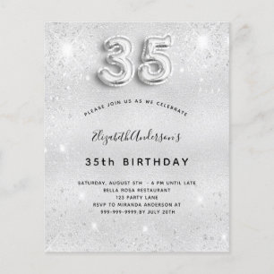 35th birthday silver glitter budget invitation