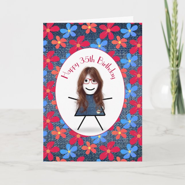35th Birthday Stick Girl and Daisies On Denim Card (Front)