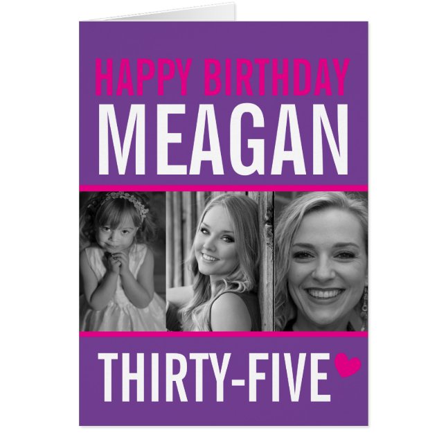 35th birthday three photos hot pink purple white (Front)