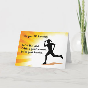 35th Birthday Woman Running Sunburst Background Card
