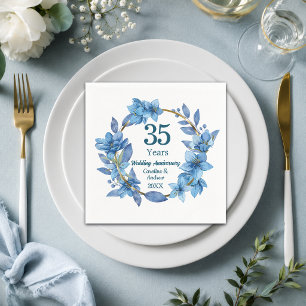 35th Blue Floral Coral Wedding Anniversary Napkin