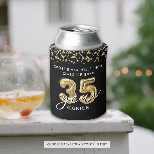35th Class Reunion Black Gold Balloons Confetti Can Cooler (Creator Uploaded)