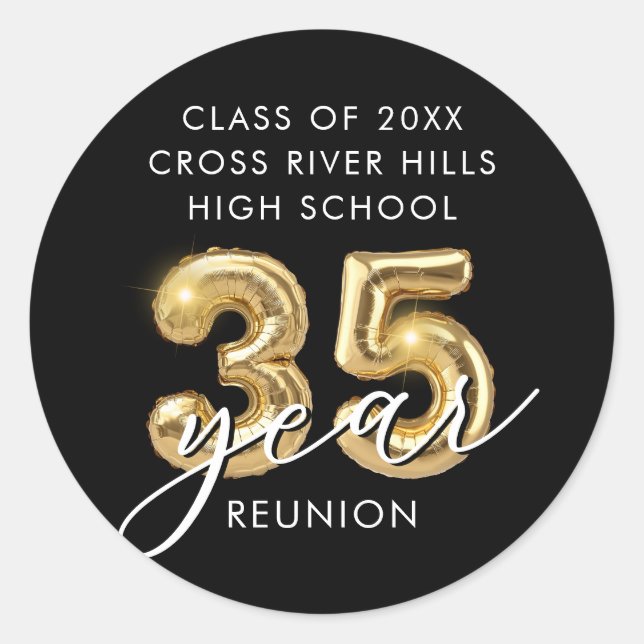 35th Class Reunion Black Gold Balloons Confetti Classic Round Sticker (Front)