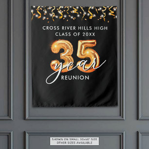 35th Class Reunion Black Orange Balloons Confetti Tapestry